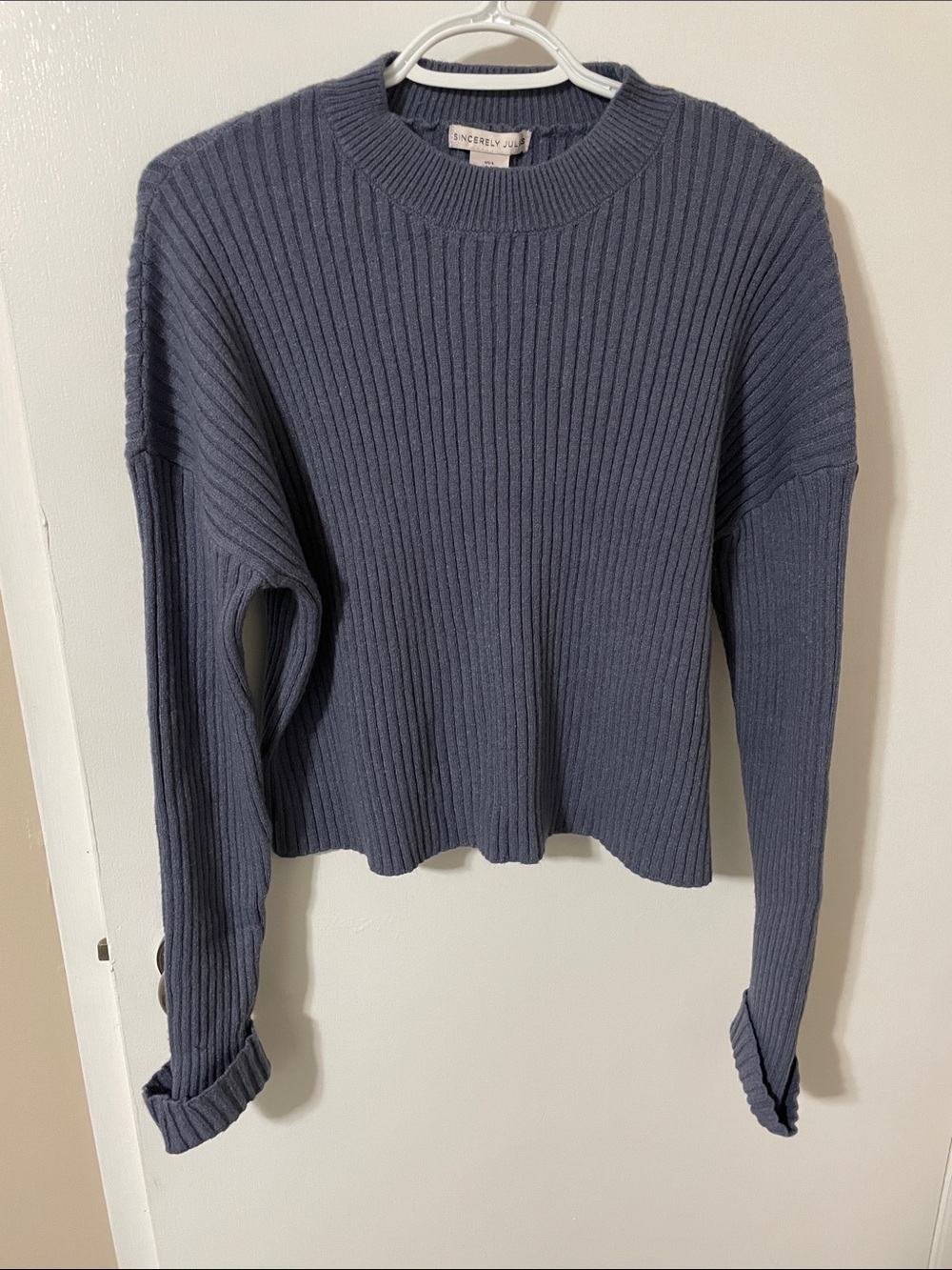 Sincerely Jules Ribbed Crewneck Sweater in Slate Blue Size Large